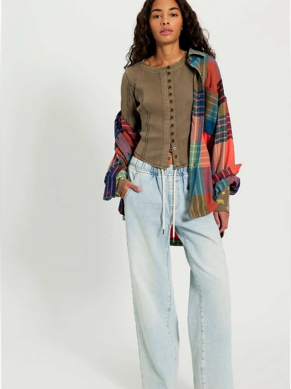Ribbed Button-Front Long Sleeve Top - Brown